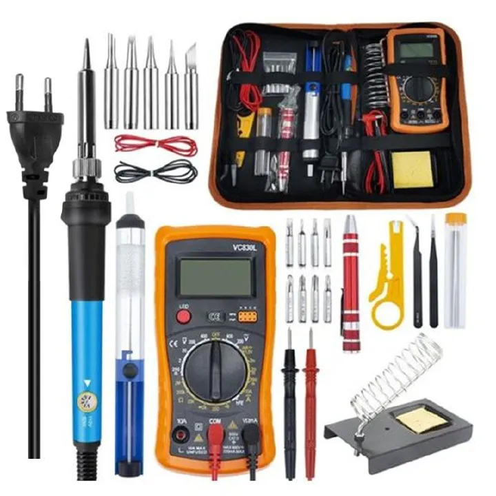 Electric Sodering Iron Kit set  60W Adjustable Temperature Soldering Iron Digital Multimeter Soldering Tips Solder Wire Stand, Desoldering Pump Tweezers Welding Tool Screwdriver wire stripper