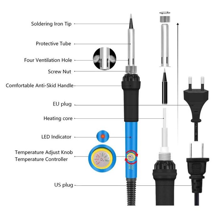 Electric Sodering Iron Kit set  60W Adjustable Temperature Soldering Iron Digital Multimeter Soldering Tips Solder Wire Stand, Desoldering Pump Tweezers Welding Tool Screwdriver wire stripper