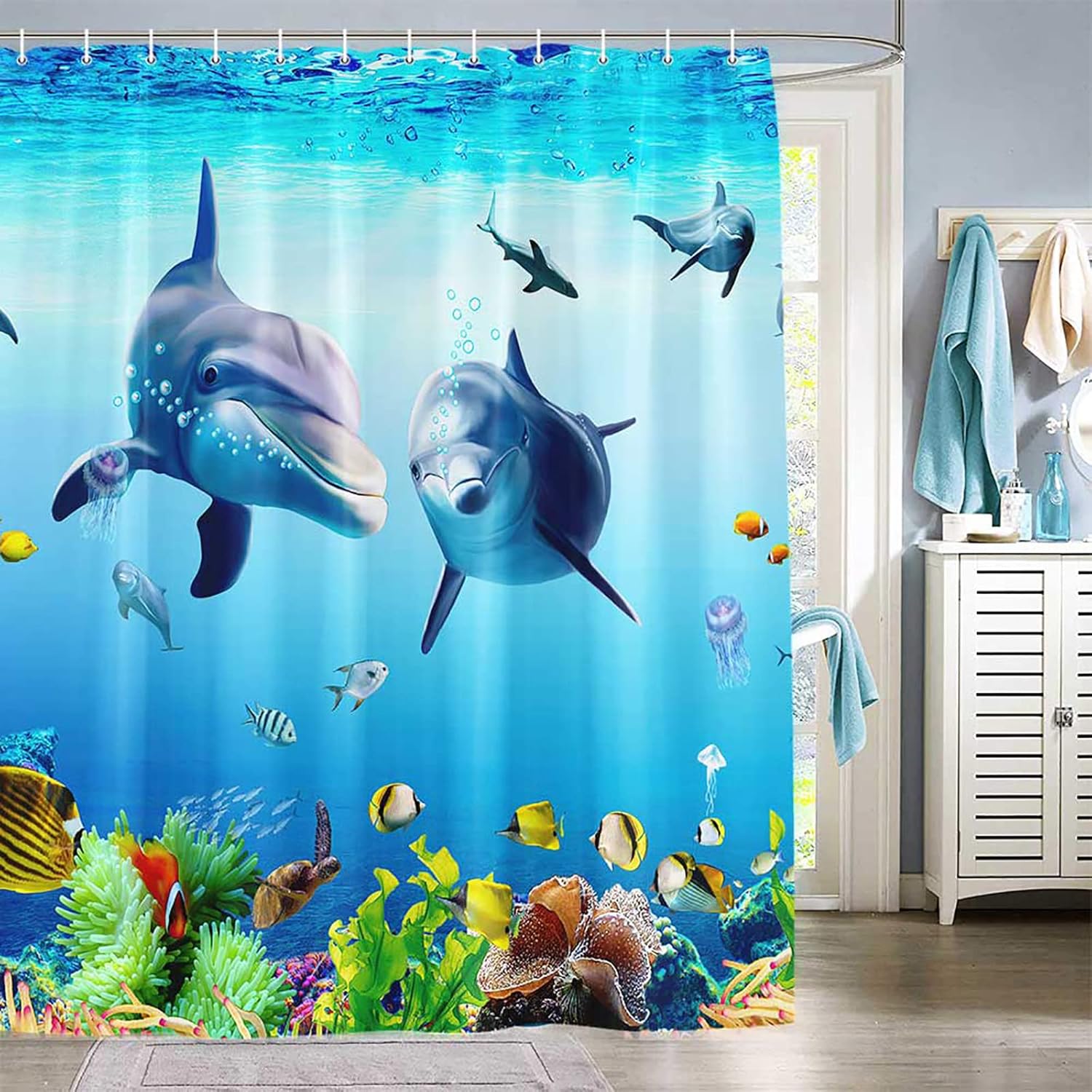 1PCS Dolphin Shower Curtain  Shower Curtains Blue Ocean Wildlife Theme Bathrooms Shower Curtains Waterproof