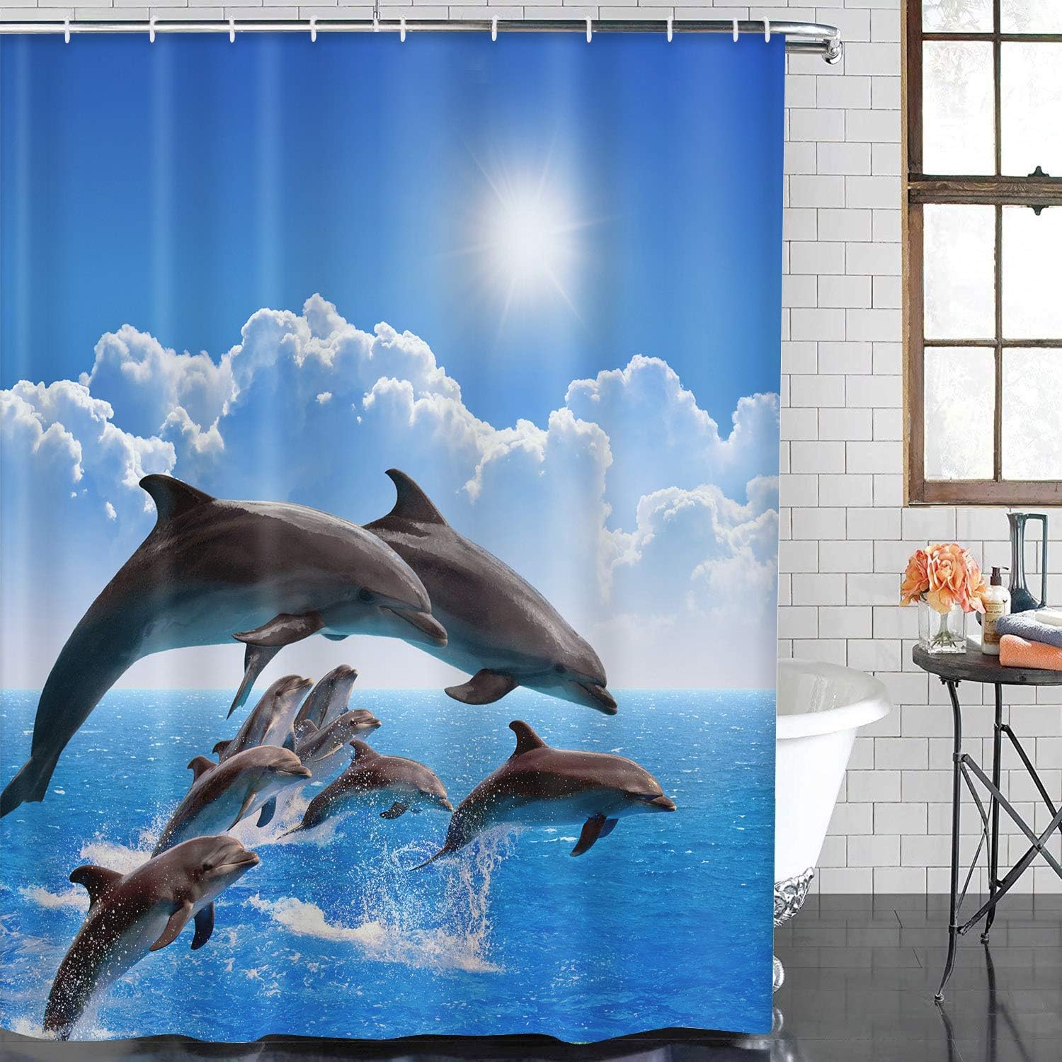 1PCS Dolphin Shower Curtain  Shower Curtains Blue Ocean Wildlife Theme Bathrooms Shower Curtains Waterproof