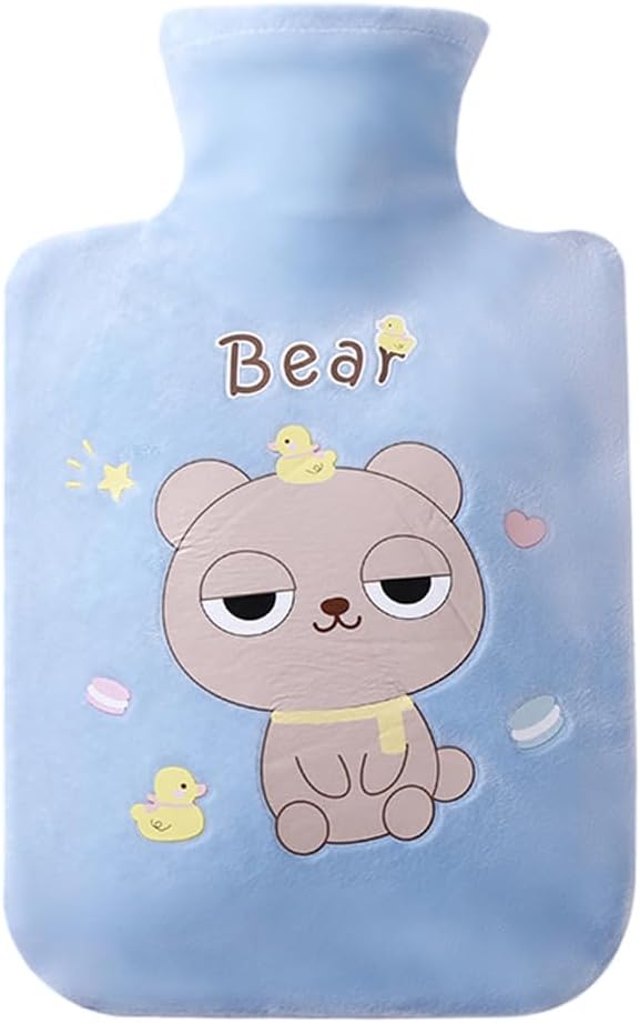 Cute Hot Water Bottles, 1L (34oz) Durable Large Hot Water Bag with Cartoon Plush Cover for Hot and Cold Compress Hand Feet Warmer Thickened Hand Warmer for Neck and Shoulder