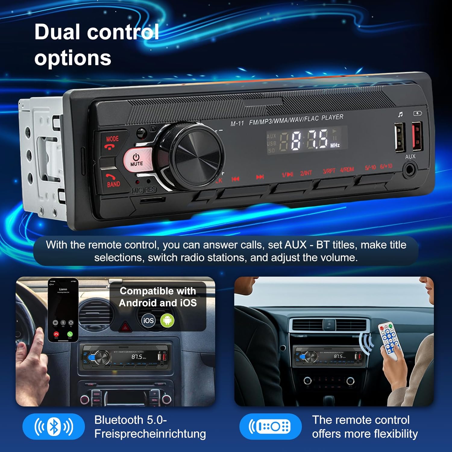 Car Stereo Radio Bluetooth 5.0, FM 7 Colors Car Radio With Bluetooth Hands-Free Calling, Car Radio With 2Usb/Aux/Sd/Mp3 Player Remote Control, With Voice Assistant, Supports Ios/Android