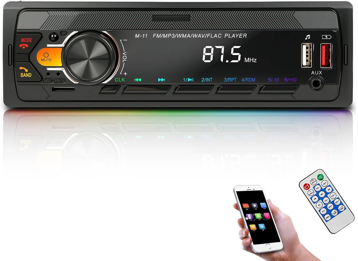 Car Stereo Radio Bluetooth 5.0, FM 7 Colors Car Radio With Bluetooth Hands-Free Calling, Car Radio With 2Usb/Aux/Sd/Mp3 Player Remote Control, With Voice Assistant, Supports Ios/Android
