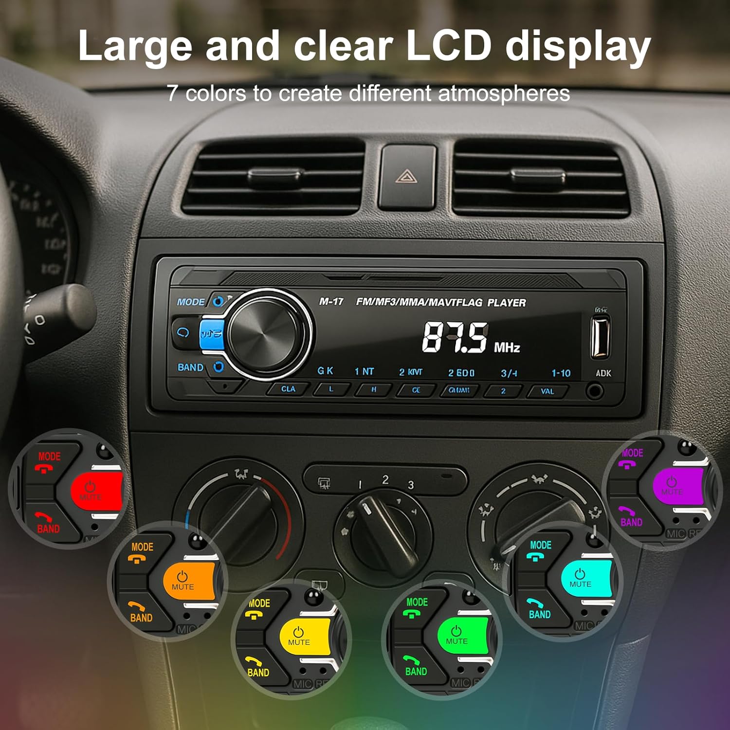 Car Stereo Radio Bluetooth 5.0, FM 7 Colors Car Radio With Bluetooth Hands-Free Calling, Car Radio With 2Usb/Aux/Sd/Mp3 Player Remote Control, With Voice Assistant, Supports Ios/Android