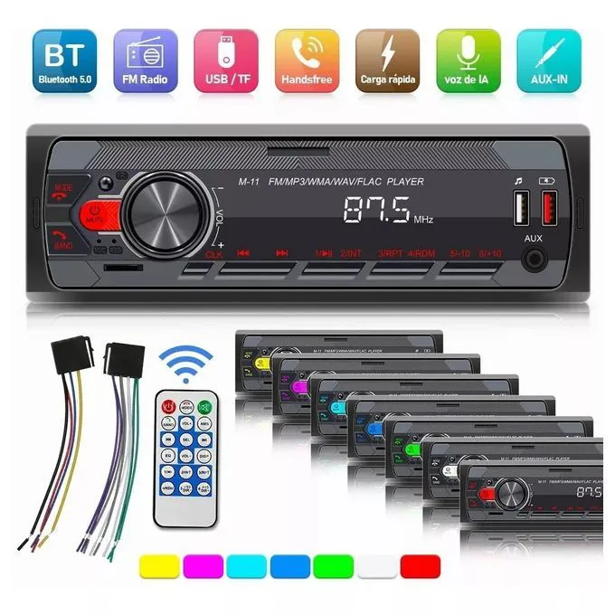 Car Stereo Radio Bluetooth 5.0, FM 7 Colors Car Radio With Bluetooth Hands-Free Calling, Car Radio With 2Usb/Aux/Sd/Mp3 Player Remote Control, With Voice Assistant, Supports Ios/Android