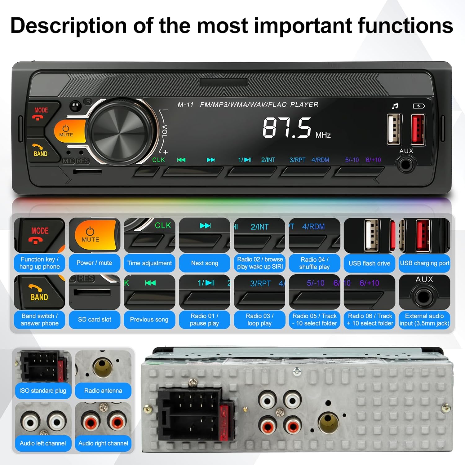 Car Stereo Radio Bluetooth 5.0, FM 7 Colors Car Radio With Bluetooth Hands-Free Calling, Car Radio With 2Usb/Aux/Sd/Mp3 Player Remote Control, With Voice Assistant, Supports Ios/Android