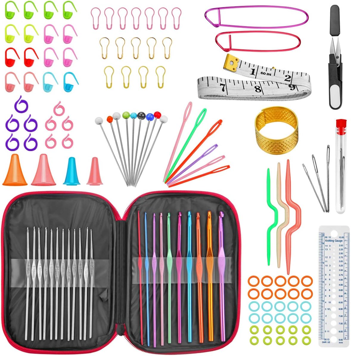 127 Pcs Crochet Hook Set with Yarn Knitting Needles Sewing Tools Full Set Knit Gauge Scissors Stitch Holders Household Tool Kit