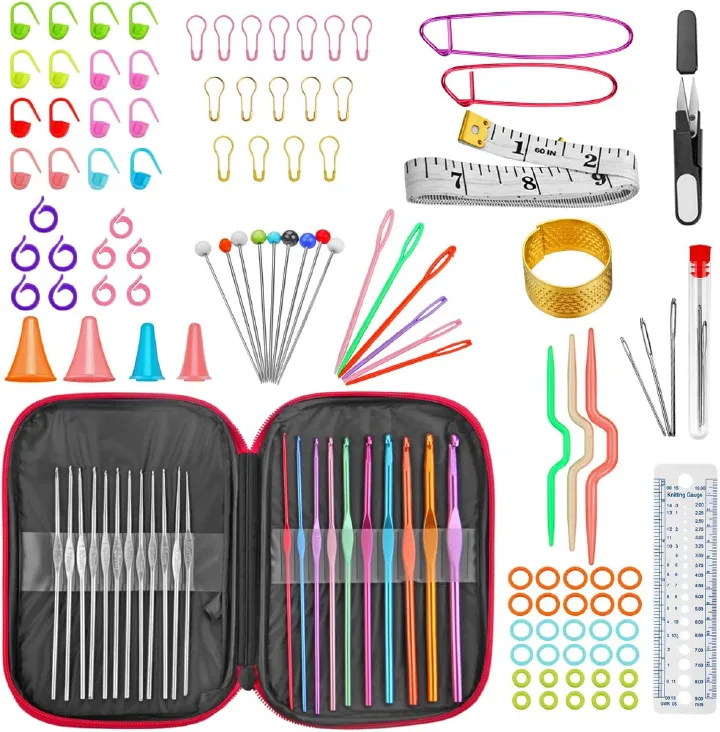 127 Pcs Crochet Hook Set with Yarn Knitting Needles Sewing Tools Full Set Knit Gauge Scissors Stitch Holders Household Tool Kit