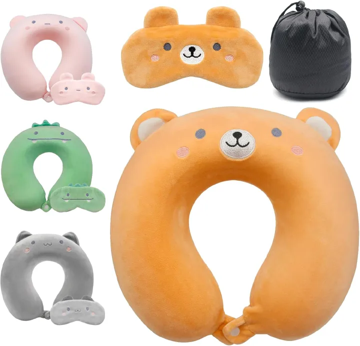 Travel Pillow Kids Travel Pillow with Sleep Eye Mask Cute Neck Pillow for Travel Soft Memory Foam Travel Neck Pillow for Adults and Kids Airplane Sleeping Travel and Camping