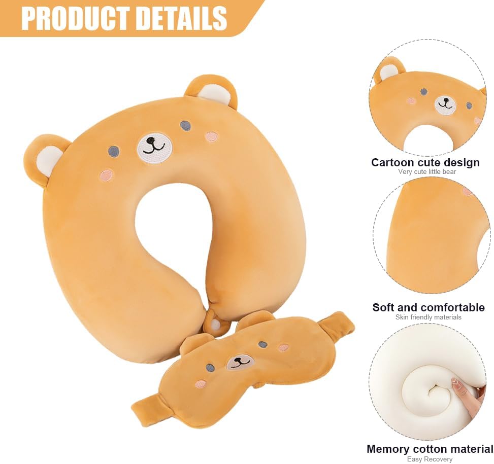 Travel Pillow Kids Travel Pillow with Sleep Eye Mask Cute Neck Pillow for Travel Soft Memory Foam Travel Neck Pillow for Adults and Kids Airplane Sleeping Travel and Camping