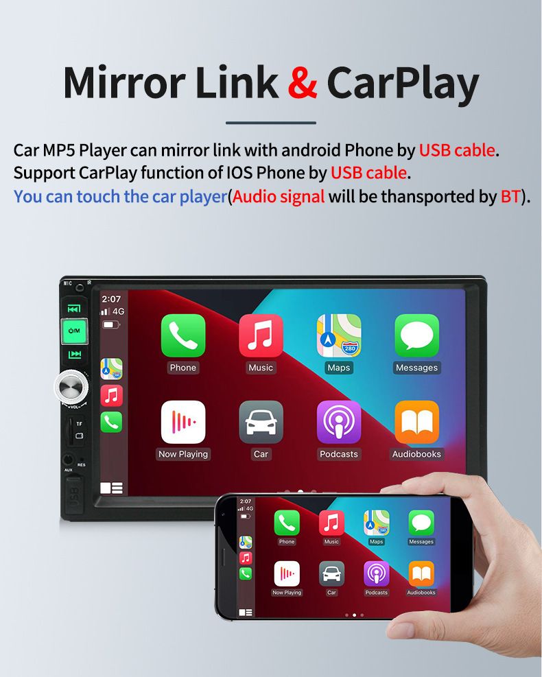 Car Radio MP5 2 Din HD 7" Touch Screen Stereo Bluetooth USB With Camera CarPlay Android Auto DAB Bluetooth Wifi Stereo AVI/MP4/PMP/RM/MPG