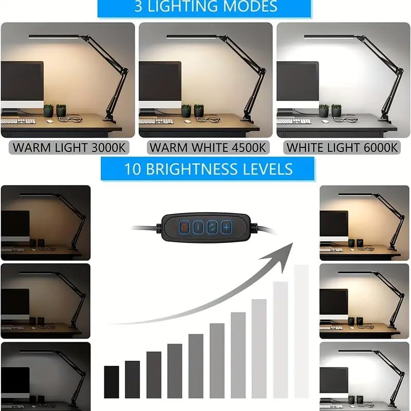 LED Desk Lamp with Eye-Caring 3 Modes 10 Brightness, Adjustable Swing Arm Long Flexible Lamp for Office Workers and Students, USB Port