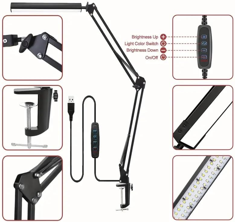 LED Desk Lamp with Eye-Caring 3 Modes 10 Brightness, Adjustable Swing Arm Long Flexible Lamp for Office Workers and Students, USB Port