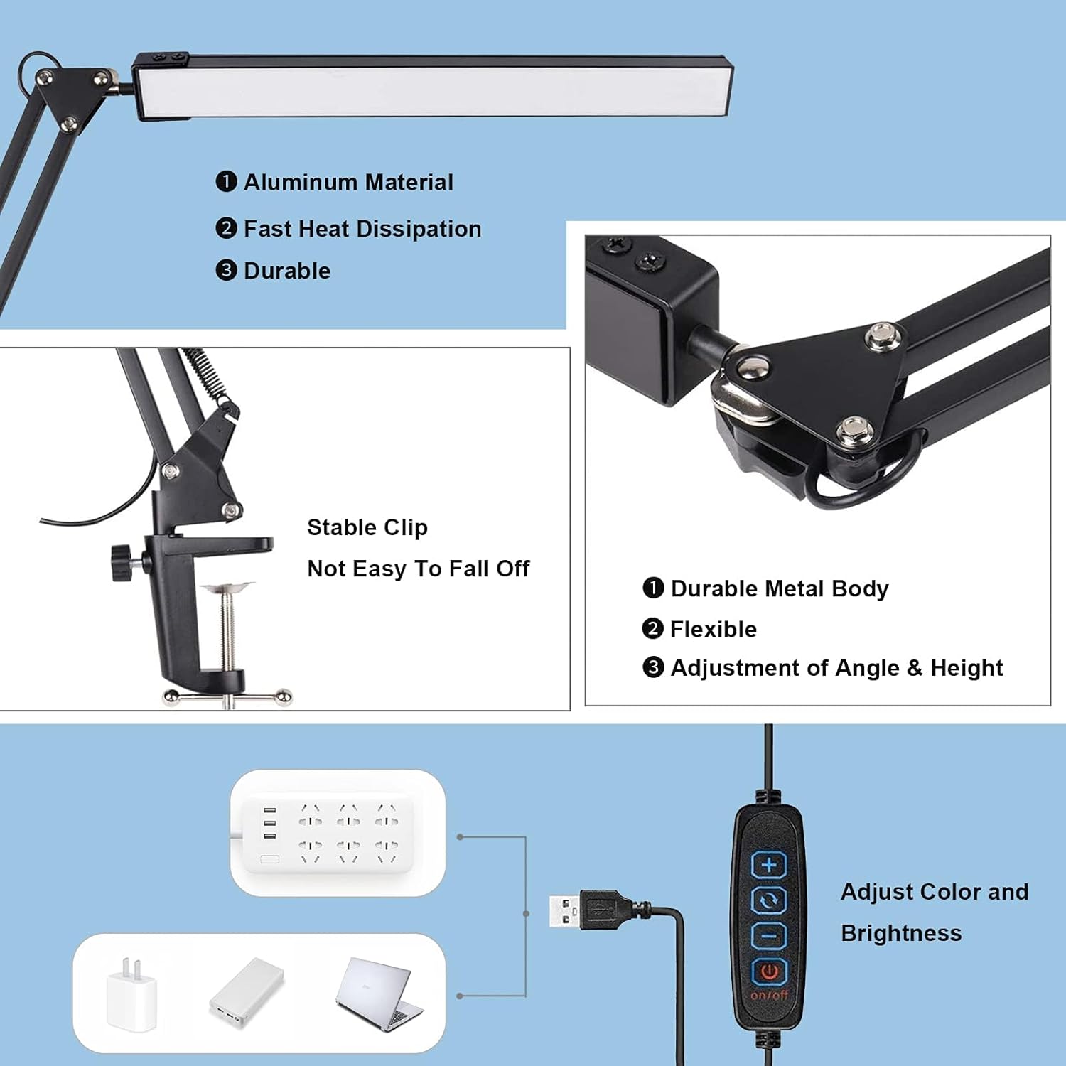 LED Desk Lamp with Eye-Caring 3 Modes 10 Brightness, Adjustable Swing Arm Long Flexible Lamp for Office Workers and Students, USB Port