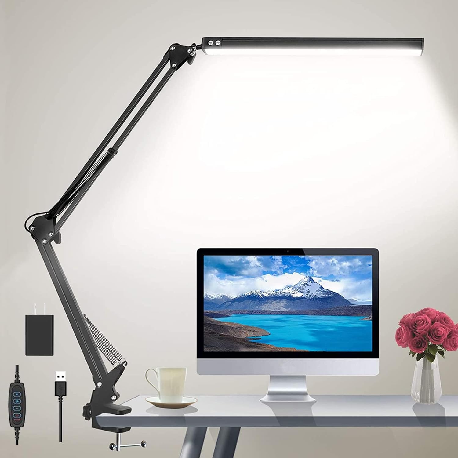 LED Desk Lamp with Eye-Caring 3 Modes 10 Brightness, Adjustable Swing Arm Long Flexible Lamp for Office Workers and Students, USB Port
