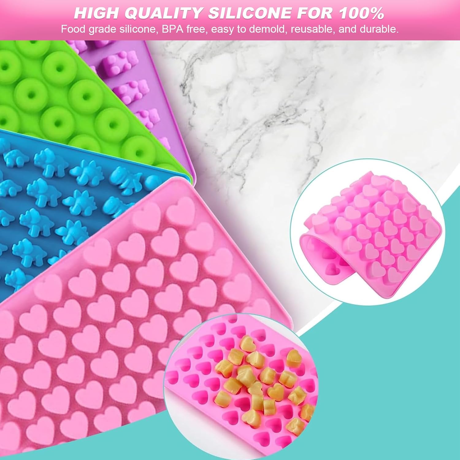 Silicone Gummy Candy Molds, 4PCS Candy Silicone Molds with 2 Droppers, Jelly Mold Non Stick Gummy Baking Tray for Sweets Fondant Cake Decor