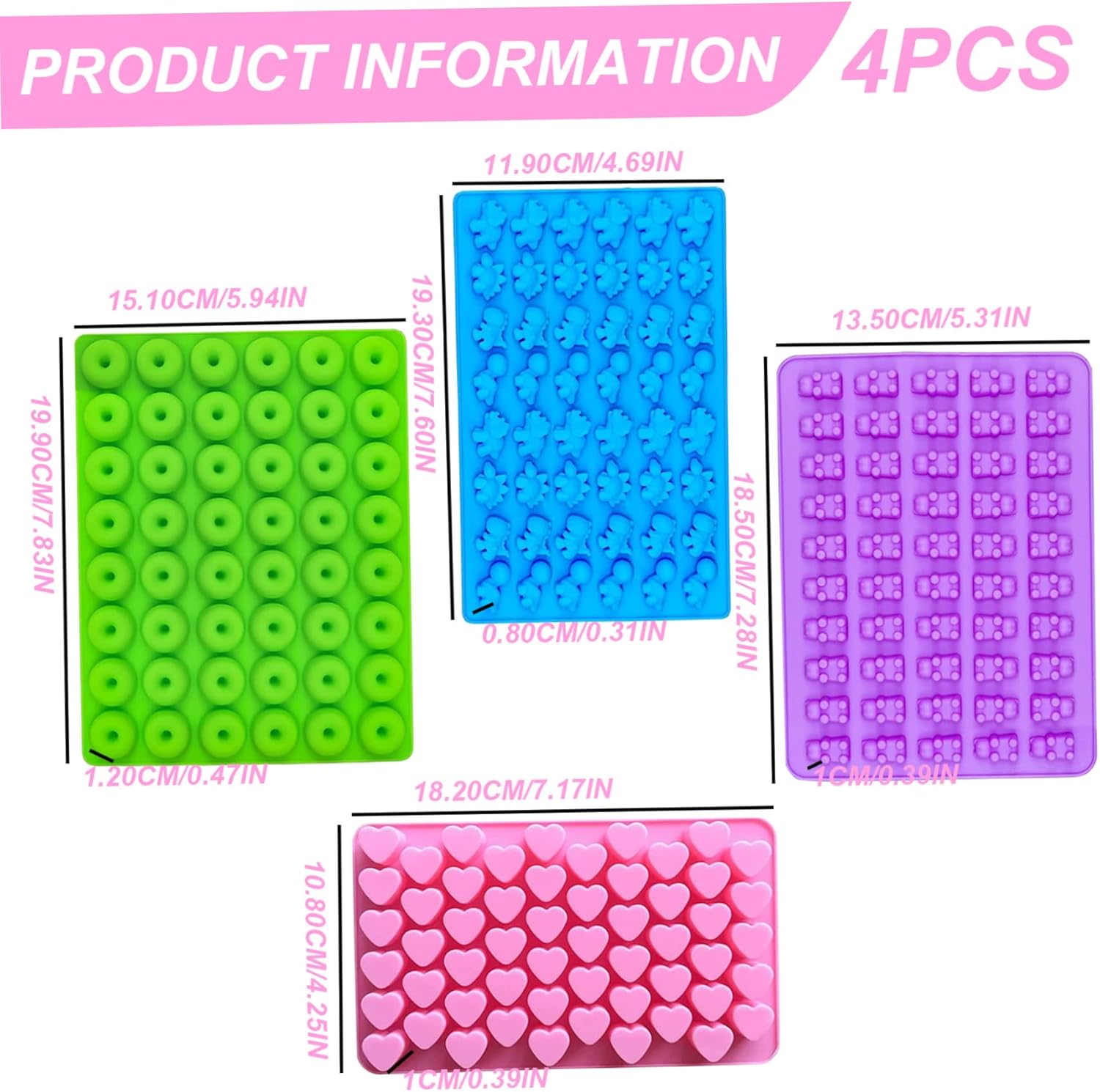 Silicone Gummy Candy Molds, 4PCS Candy Silicone Molds with 2 Droppers, Jelly Mold Non Stick Gummy Baking Tray for Sweets Fondant Cake Decor