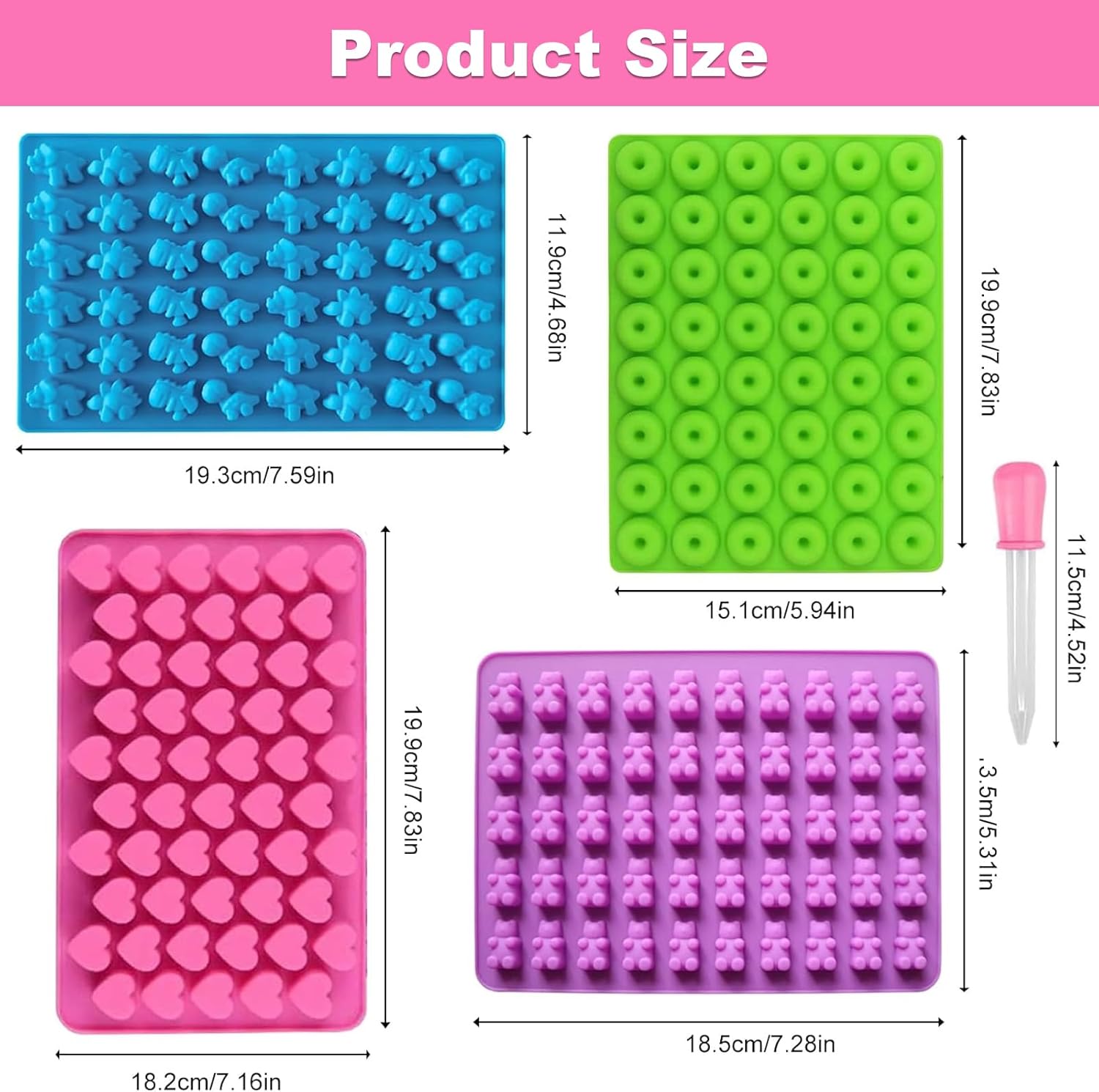 Silicone Gummy Candy Molds, 4PCS Candy Silicone Molds with 2 Droppers, Jelly Mold Non Stick Gummy Baking Tray for Sweets Fondant Cake Decor