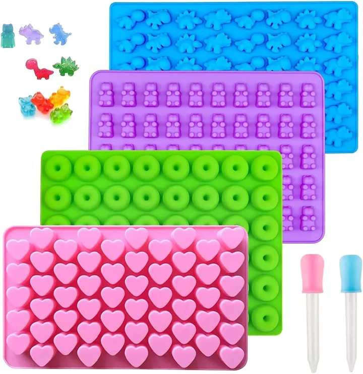 Silicone Gummy Candy Molds, 4PCS Candy Silicone Molds with 2 Droppers, Jelly Mold Non Stick Gummy Baking Tray for Sweets Fondant Cake Decor