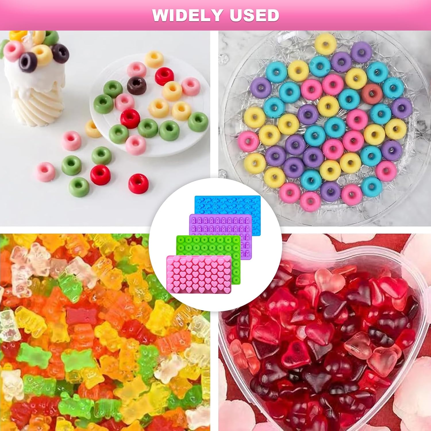 Silicone Gummy Candy Molds, 4PCS Candy Silicone Molds with 2 Droppers, Jelly Mold Non Stick Gummy Baking Tray for Sweets Fondant Cake Decor