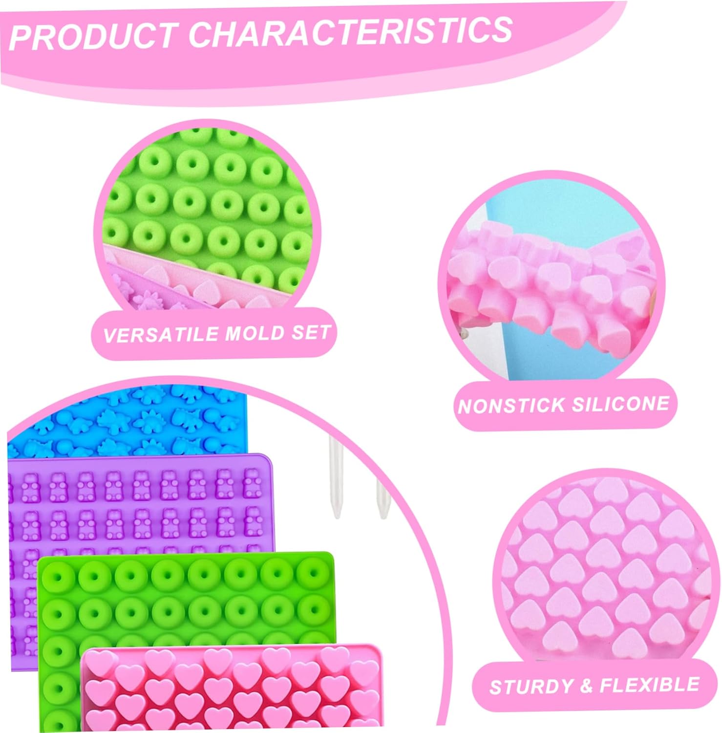 Silicone Gummy Candy Molds, 4PCS Candy Silicone Molds with 2 Droppers, Jelly Mold Non Stick Gummy Baking Tray for Sweets Fondant Cake Decor