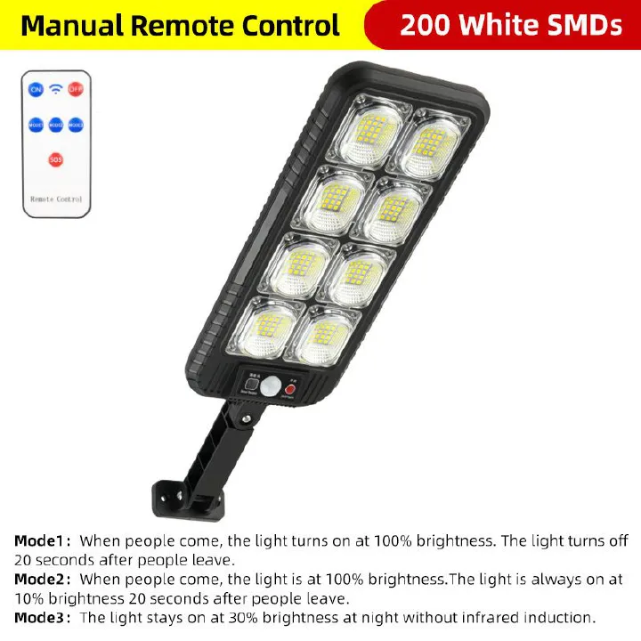 100LED/200LED Remote Control Solar Street Lights Outdoor Motion Sensor Security Waterproof Super Bright Wall Lights 3 Modes Wide Angle Area Light