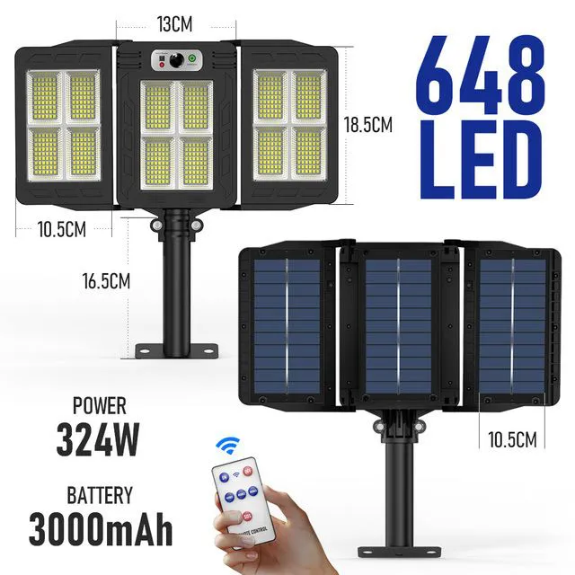 648LED Remote Solar Lights High Brightness 324W Power 3000mAh Outdoor Street Light Wireless Motion Sensor IP65 Waterproof Security Flood Light