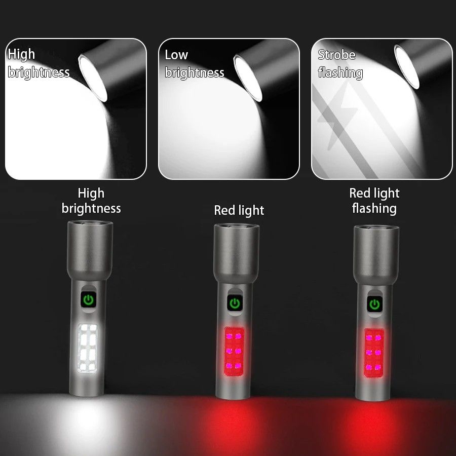 Aluminum Alloy Rechargeable Zoom Flashlight with Type-C Fast Charge 1800mAh Battery Red Warning Light  Long Range Multifunctional LED Tactical Torch for Camping Hiking Emergency Waterproof Portable