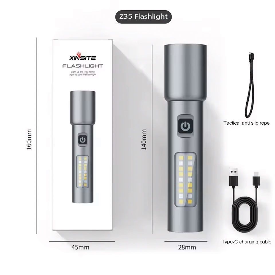 Aluminum Alloy Rechargeable Zoom Flashlight with Type-C Fast Charge 1800mAh Battery Red Warning Light  Long Range Multifunctional LED Tactical Torch for Camping Hiking Emergency Waterproof Portable