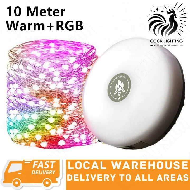 Indoor&Outdoor Portable 13 Modes Lighting Lamp Retractable 10 Meter Warm+RGB LED Strip Camping String Lights 3600mAh Outdoor Tent Light USB Rechargeable 100 LEDs for Garden Yard Patio