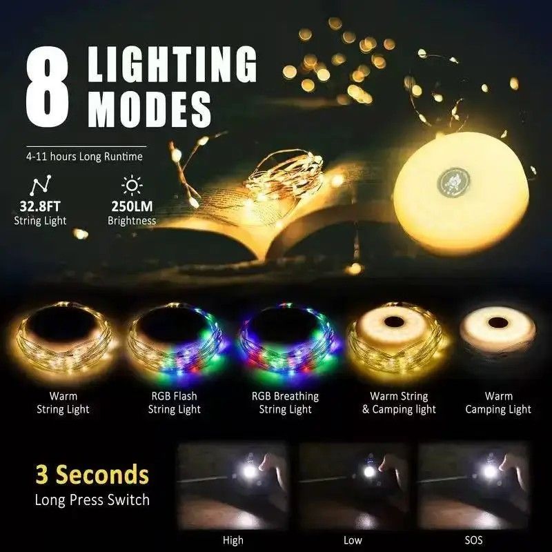 Indoor&Outdoor Portable 13 Modes Lighting Lamp Retractable 10 Meter Warm+RGB LED Strip Camping String Lights 3600mAh Outdoor Tent Light USB Rechargeable 100 LEDs for Garden Yard Patio