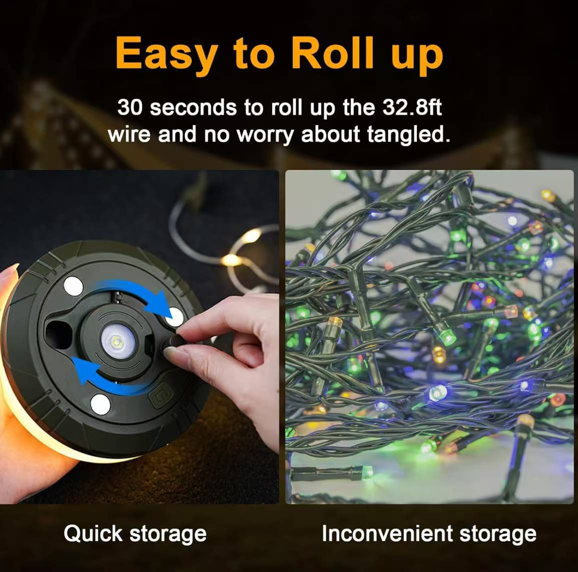 Indoor&Outdoor Portable 13 Modes Lighting Lamp Retractable 10 Meter Warm+RGB LED Strip Camping String Lights 3600mAh Outdoor Tent Light USB Rechargeable 100 LEDs for Garden Yard Patio