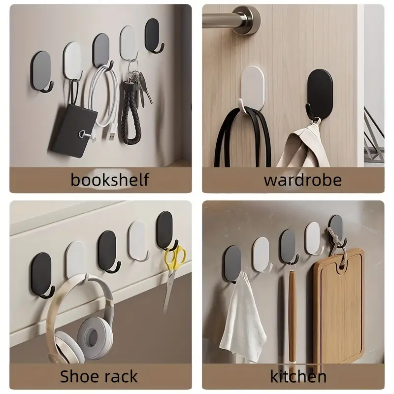5pc Plastic Self-Adhesive Wall Hooks Water-Resistant Easy To Install Perfect For Hanging Keys Towels Bags and More In Bathrooms Showers Outdoor Kitchens Doors And Household