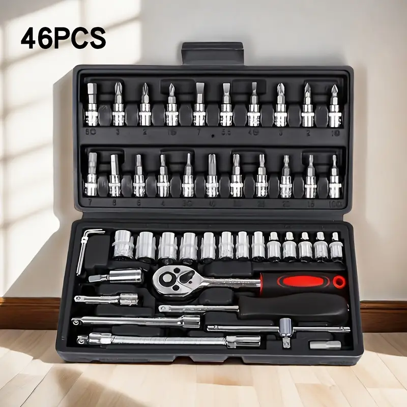 46 Piece Socket Ratchet Wrench Set with Bit Socket Set Metric and Extension Rods for Machine Work and Repair, Hand Tool Making with Storage Case