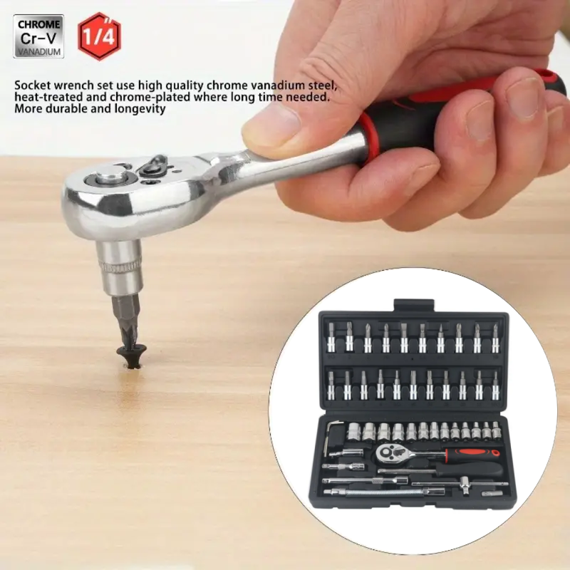 46 Piece Socket Ratchet Wrench Set with Bit Socket Set Metric and Extension Rods for Machine Work and Repair, Hand Tool Making with Storage Case