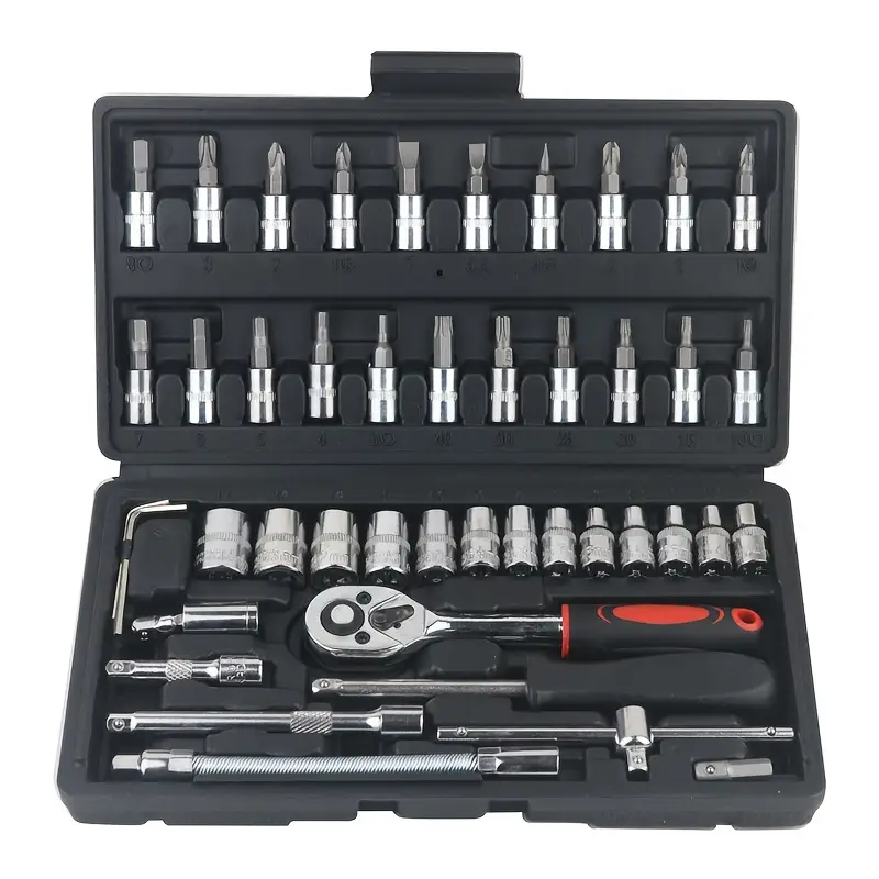 46 Piece Socket Ratchet Wrench Set with Bit Socket Set Metric and Extension Rods for Machine Work and Repair, Hand Tool Making with Storage Case
