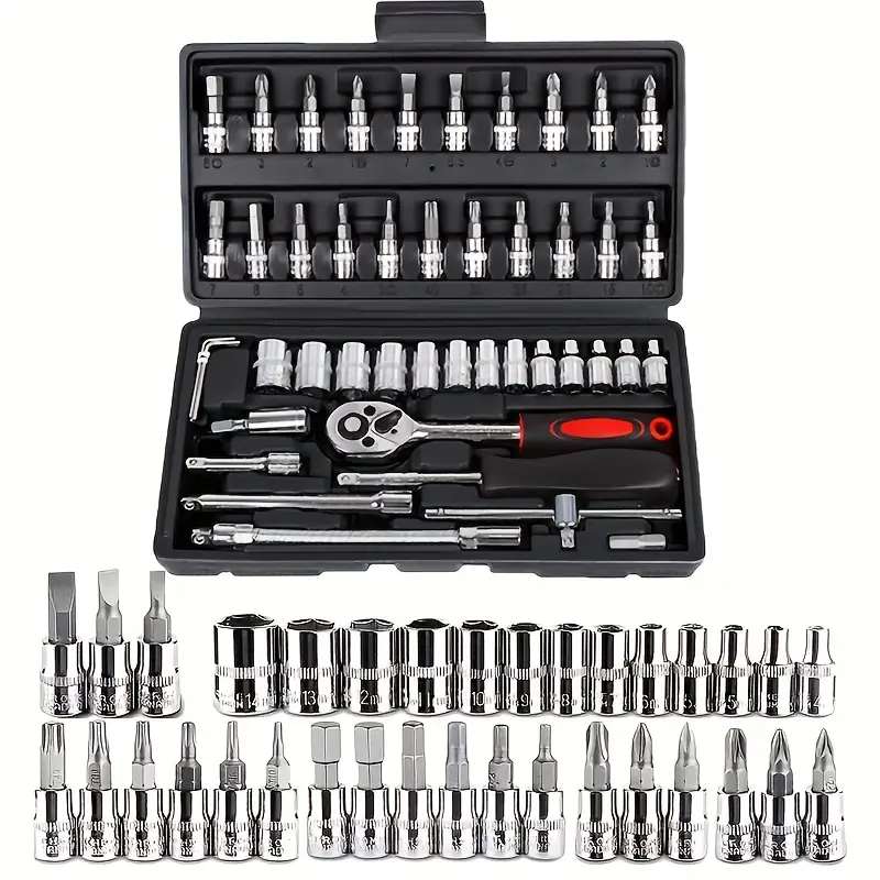 46 Piece Socket Ratchet Wrench Set with Bit Socket Set Metric and Extension Rods for Machine Work and Repair, Hand Tool Making with Storage Case
