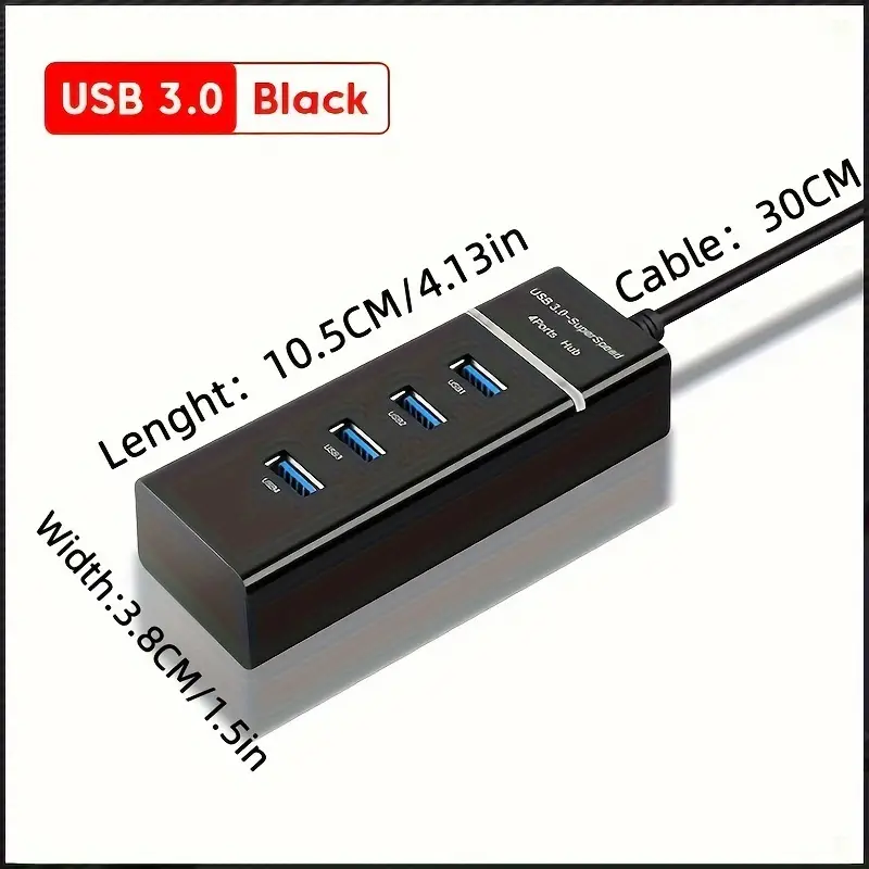 4-Port USB 3.0 High-Speed Splitter - Multi-Port Adapter with USB Charging, Compatible with Tablets, 12-24V Operating Voltage, Desktop & Laptop Accessory Black