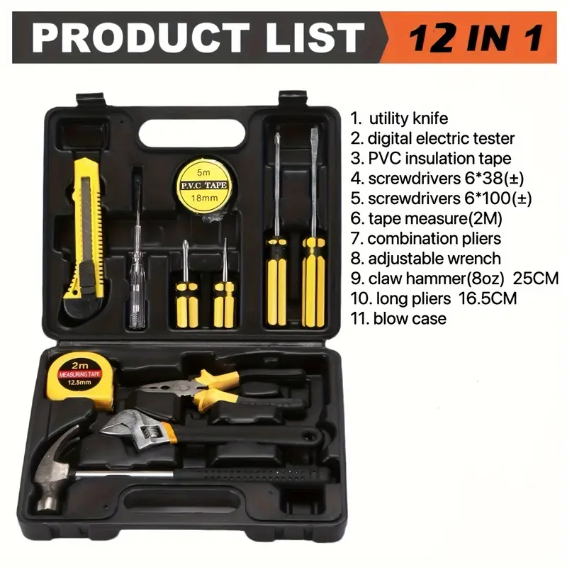 12pcs Home Tool Set Hammer Wrench Kit Screwdriver Pliers Tape Measure Electrician Tape and Other Utility Tools Suitable for diy projects Car Repair Tools Durable