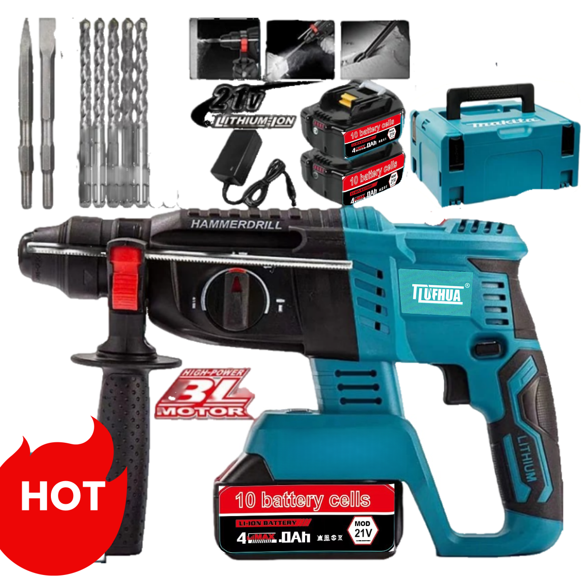21V Cordless Rotary Hammer Drill, 7/8" SDS-Plus, 4 Application Modes, Brushless, 2.1 Joules, Cordless Demolition Hammer for Concrete, Including Battery and Charger, 4 Drill Bits