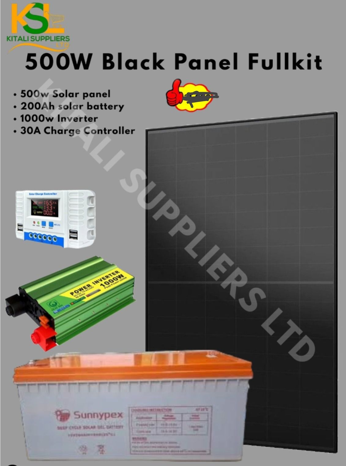 500W Solar Kit with 200Ah Sunnypex Battery, 1000W Inverter & 30A Controller – High Capacity Off-Grid Power