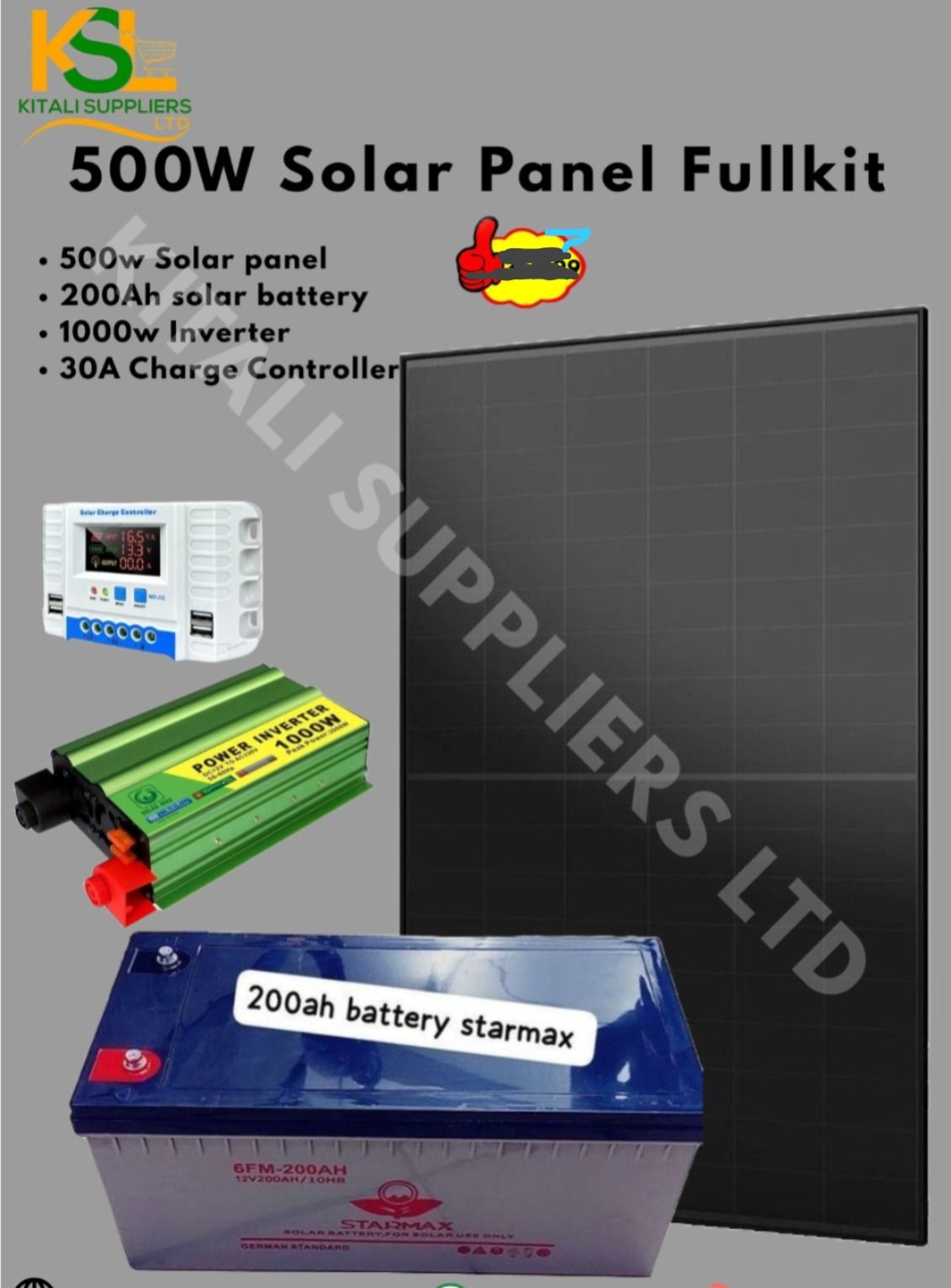 500W Solar Kit with 200Ah Starmax Battery, 1000W Inverter & 30A Controller – Complete Off-Grid Power Solution