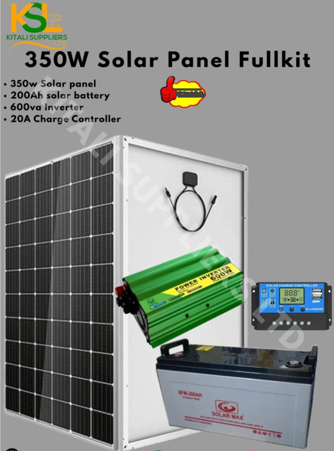 350W Solar Kit with 200Ah Battery, 600W Inverter & 20A Controller – Efficient Off-Grid Power Solution