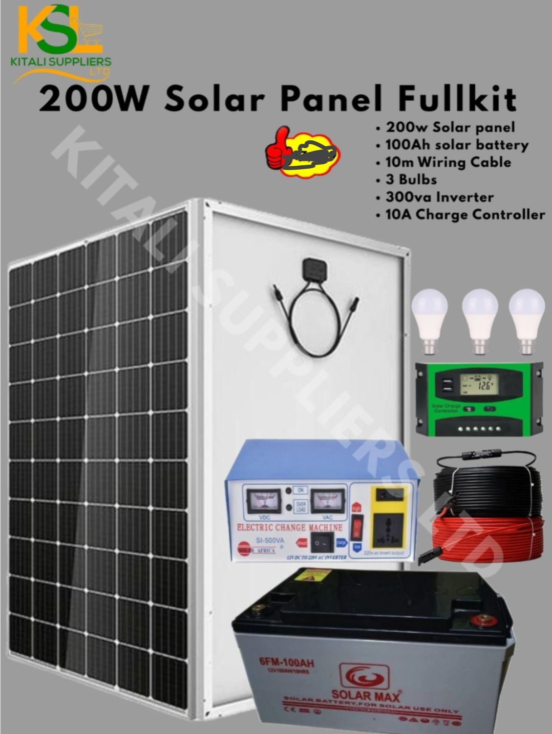 200W Solar Kit with 100Ah Battery, 300W Inverter, 10A Controller + 3 Bulbs & Cable – Complete Home Lighting Solution