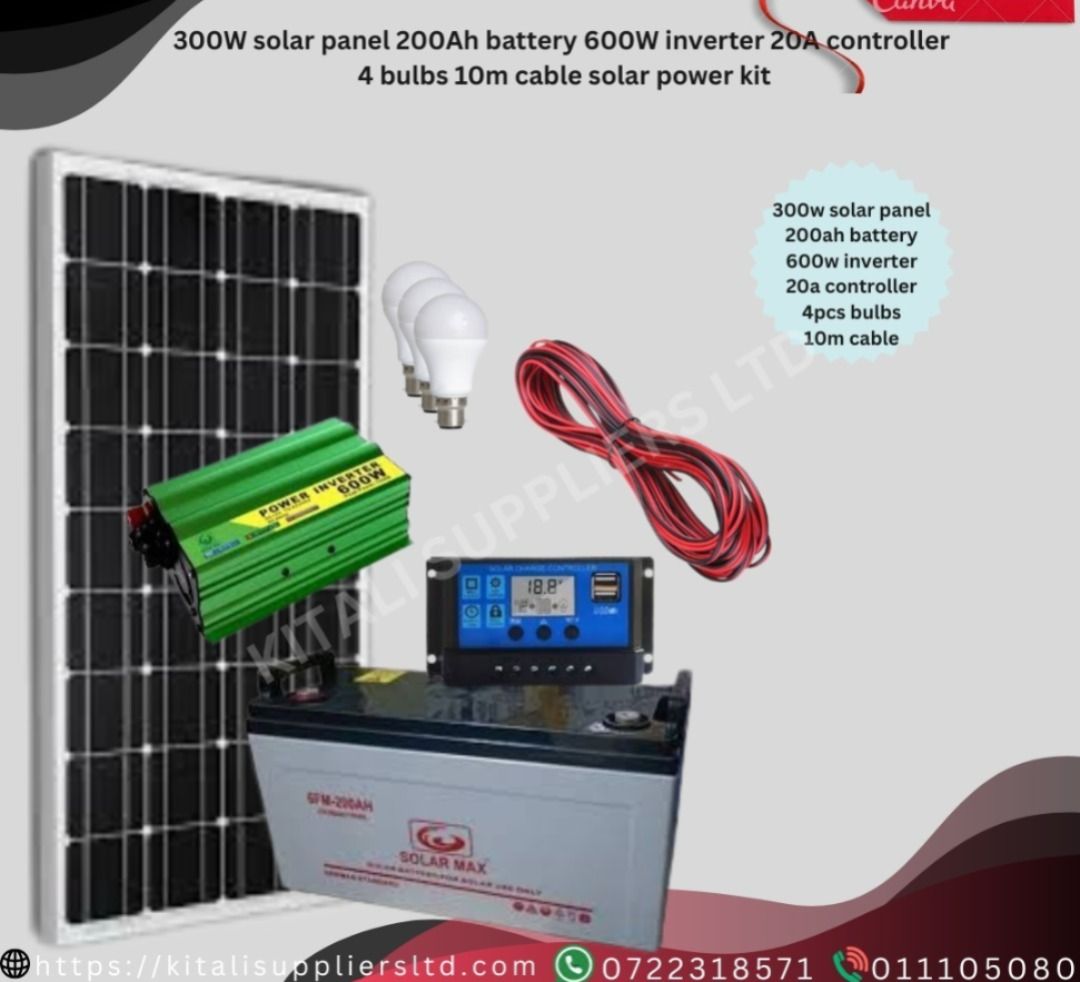 Complete 300W solar power system with 200Ah battery, 600W inverter, 20A controller, 4 LED bulbs & 10m cable. Ideal for homes, cabins, and off-grid setups.