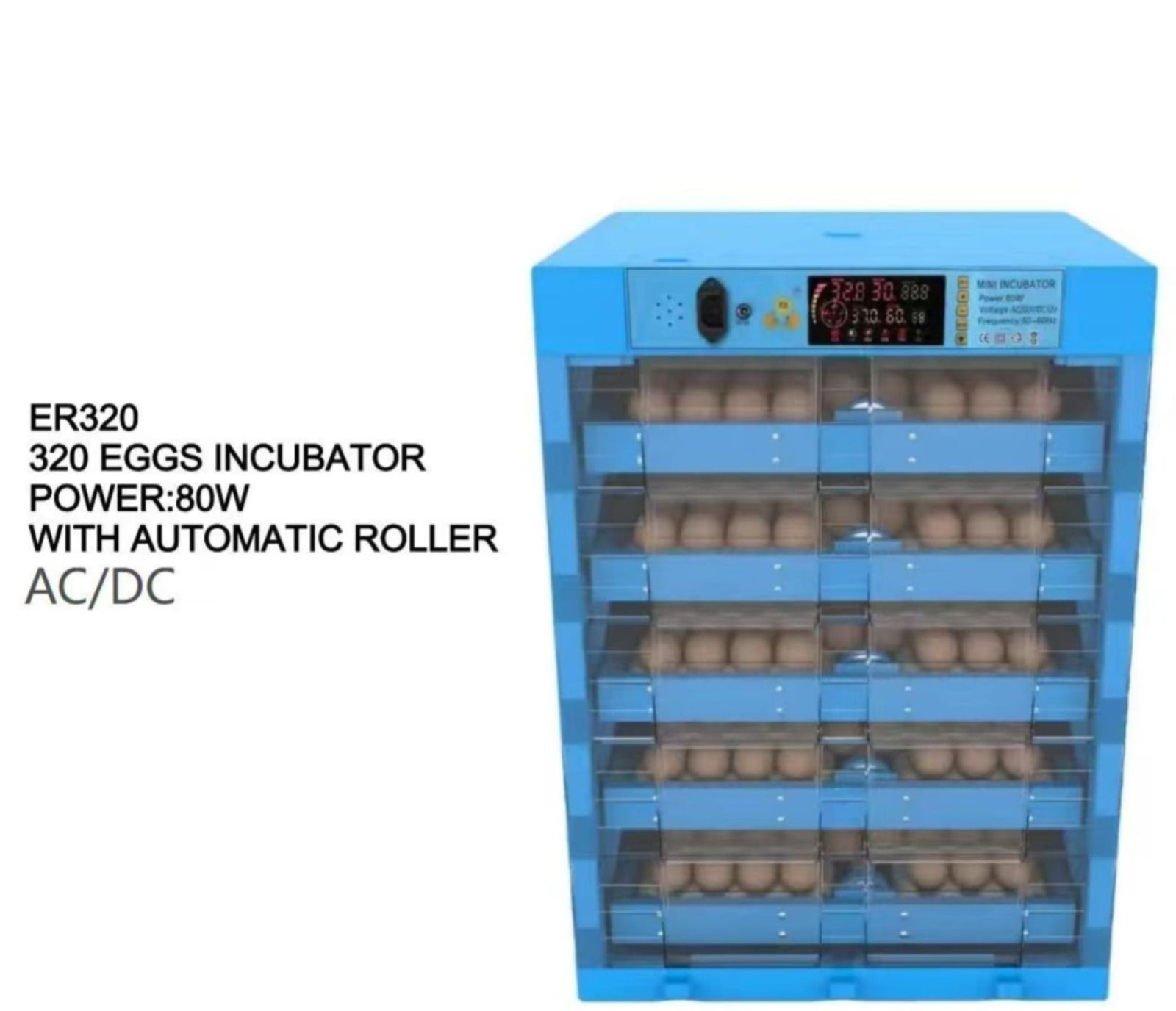 Professional 320 egg incubator with automatic turning and temperature control. Ideal for chicken, duck, goose, and quail eggs. Designed for farms and commercial hatcheries.