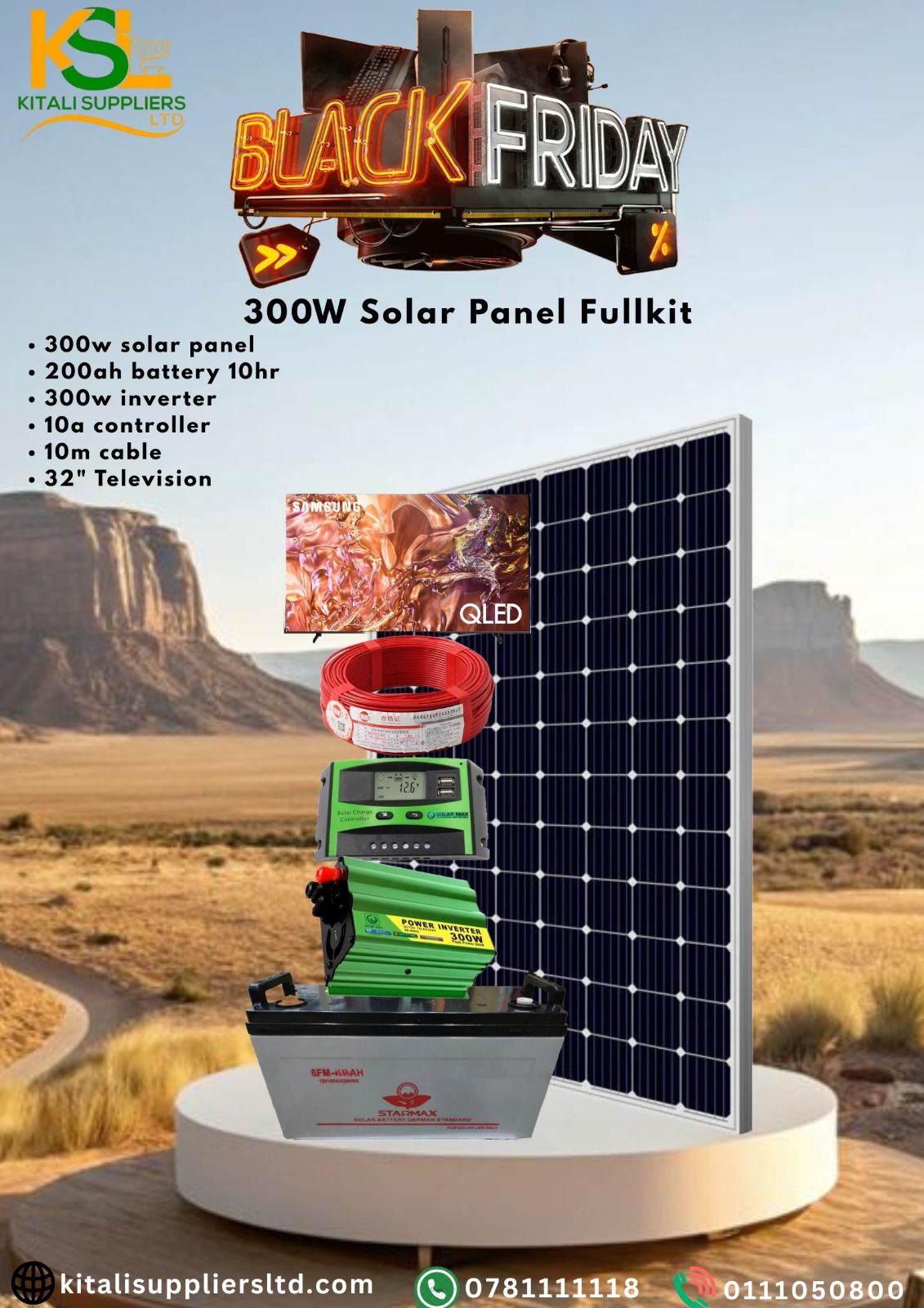 Complete solar power kit ideal for home or off-grid use. Includes 300W solar panel, 200Ah battery, 300W inverter, 10A controller, 10m cable, and a 32" digital TV. Reliable, clean power for entertainme