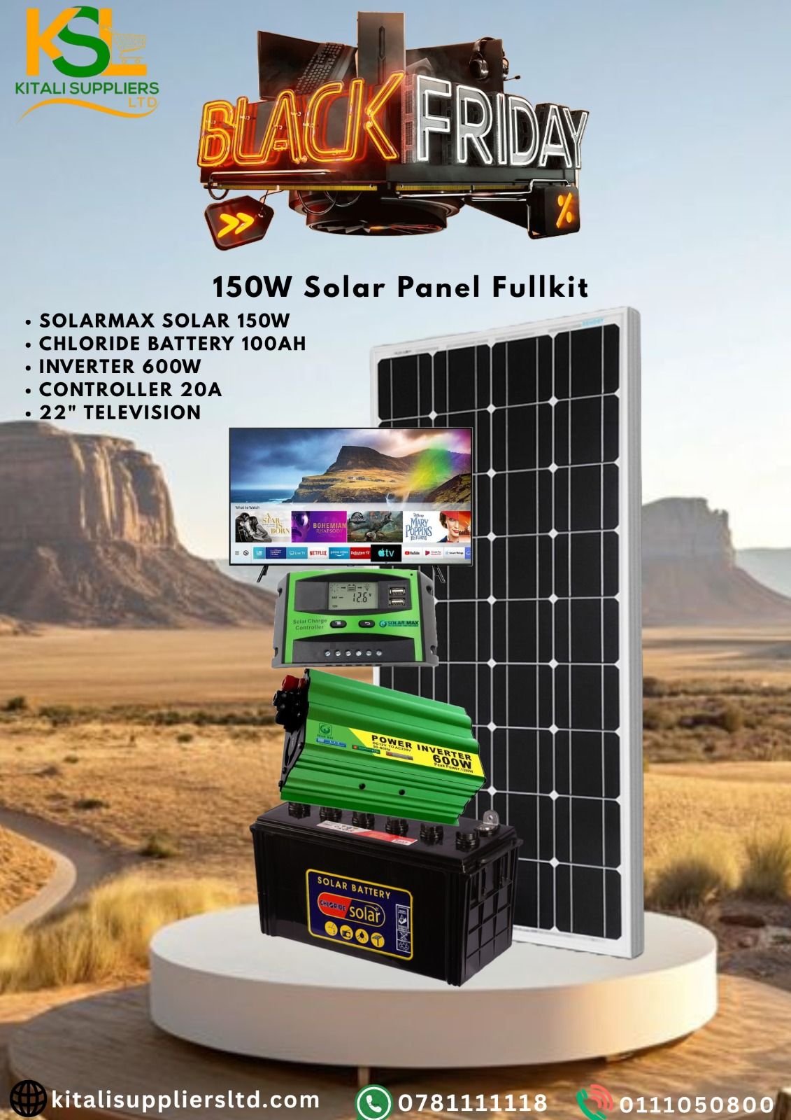 150W Solar Kit with 22" TV – 100Ah Battery, 600W Inverter & 20A Controller