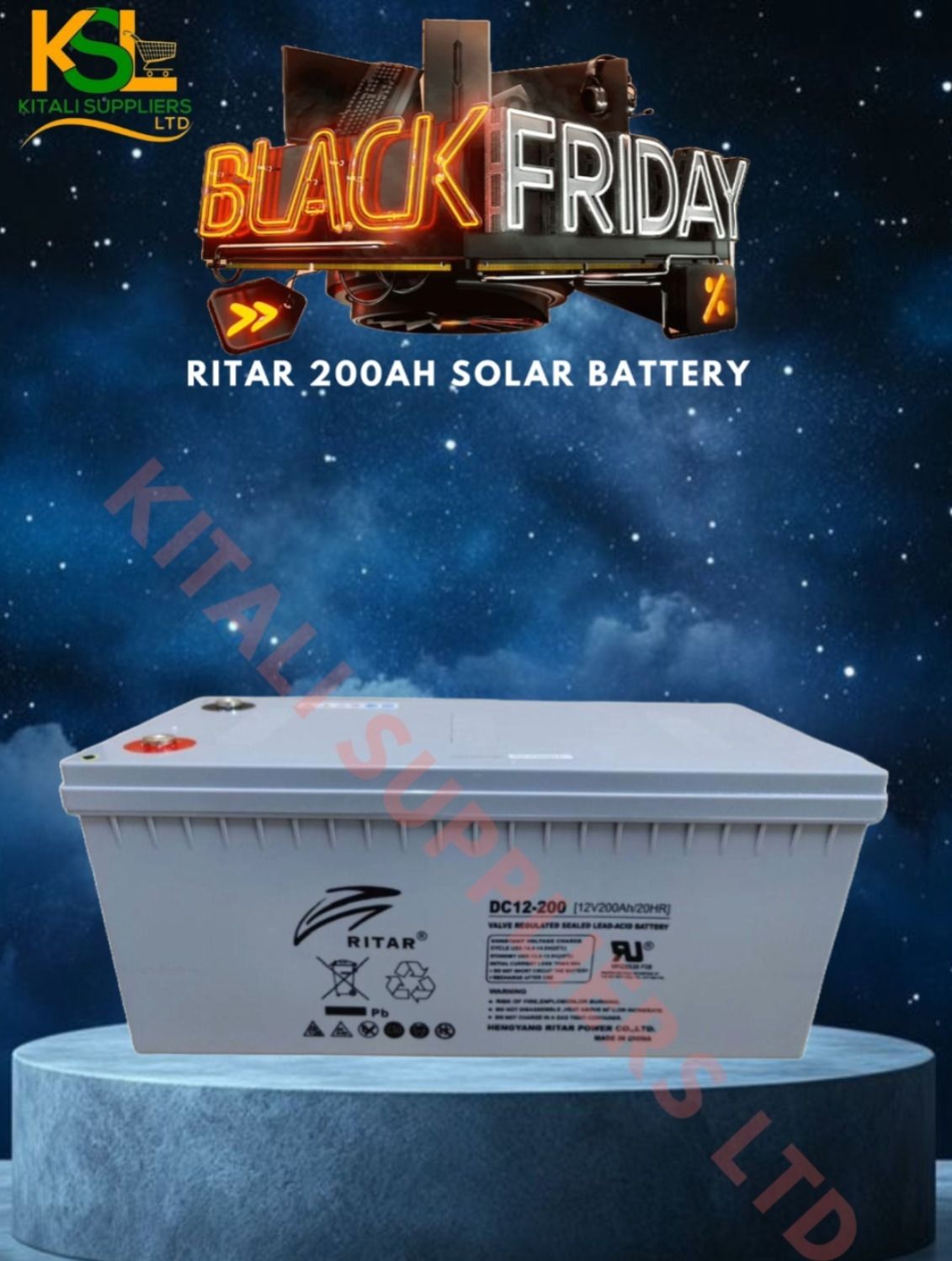 Ritar 200Ah Deep Cycle Battery – 12V Sealed Maintenance-Free AGM