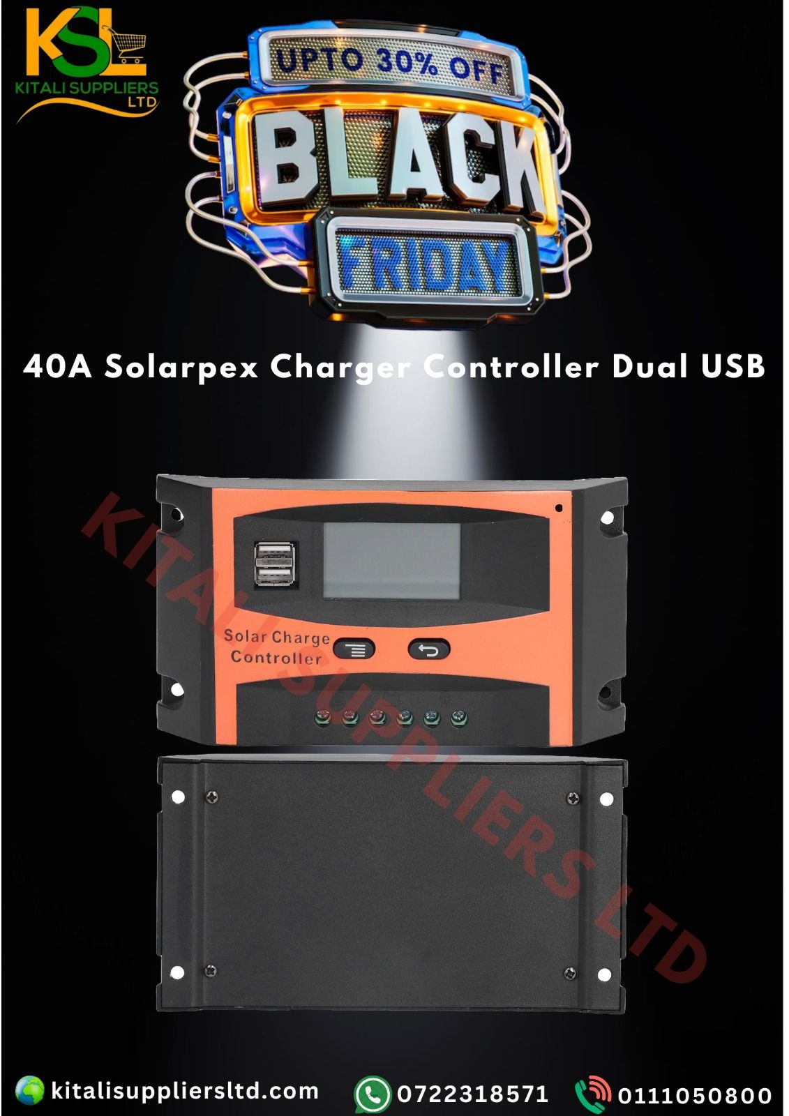 Solarpex 40A Solar Charge Controller – 12V/24V Auto, LCD Display, Dual USB, Intelligent PWM Solar Regulator